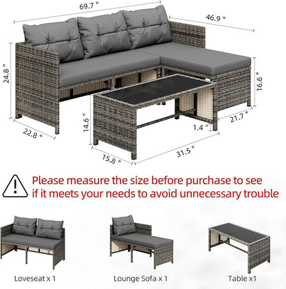 Shintenchi 3-Piece Outdoor Patio Furniture Sets, Wicker Patio Conversation Sets, All Weather Wicker Rattan Patio Seating Sofas with Glass Coffee Table and Cushion, Gray