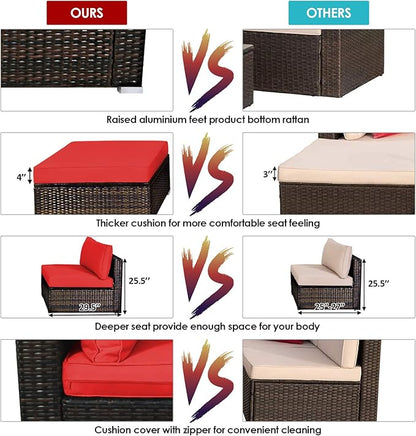 Tangkula 5 Pieces Patio Rattan Furniture Set, Outdoor Sectional Rattan Sofa Set with Back & Seat Cushions, Wicker Conversation Set with Tempered Glass Table for Backyard Porch Poolside (Red)