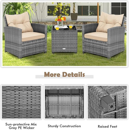 Tangkula 3 Pieces Wicker Patio Furniture Set, Outdoor Rattan Conversation Cushioned Chair Set with Tempered Glass Side Table, for Porch, Balcony and Garden