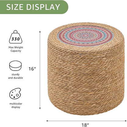 Wimarsbon Round Pouf Ottomans, Handwoven Natural Water Hyacinth Seagrass Pouffe,Outdoor Rattan Stool Accent Seat, Bohemian Coastal Home Decor (18inch Natural Cattail-Boho 1)