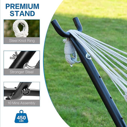 PNAEUT Double Hammocks with Stand for Outside, Portable Space Saving Heavy-Duty Steel Stand for Indoor Outdoor Patio with Sidebag, 450 lbs Capacity (Blue)