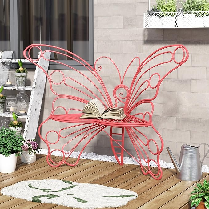 50 Inches Outdoor Bench, Garden Bench with Sturdy Iron Metal Frame, Pretty Butterfly Bench Front Porch Bench for Porch,Lawn,Garden,Yard