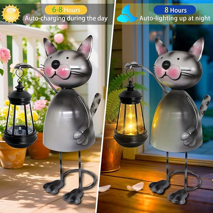 Garden Decor Cat Solar Statues,Unique Garden Statues Cat with Solar Lantern Waterproof, Birthday Gifts for Women Mom Grandma, Front Patio Balcony Yard Art Lawn Ornaments Porch Outdoor Decoration