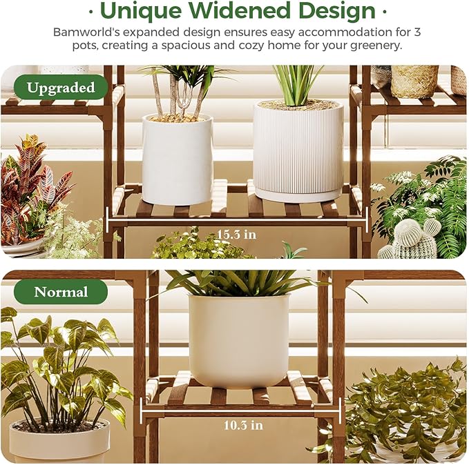 Bamworld Plant Stands with Grow Lights Sets of 2 Tall Plant Shelves for Mutiple Pots Large Plant Holder for Living Room Patio Boho Home Decor for Gardening Warm Light 2pcs