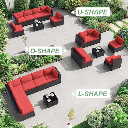 ALAULM Patio Furniture Set with Coffee Table, 7 Pieces Outdoor Sectional with Wide Seat and Thick Cushion, All Weather Wicker Rattan Conversation Set for Backyard, Garden, Deck, Red
