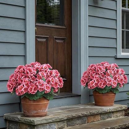 2 Pack Artificial Geranium Flowers Topitary Trees for Outdoors, UV Resistant Geraniums Potted Bushes Look Real Silk Faux Plants for Front Door Garden Porch Planter Farmhouse Home Decor (Peach Red)