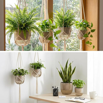 6 Pack Self Watering Hanging Planters Indoor Flower Pots(4.5 +6.5) Visible Water Level Markers 3 Hanging Ropes with Drainage Holes for Indoor Outdoor Garden Home Decor Supplies(Grey)