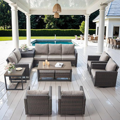 Belord Spacious 11 Pieces Patio Conversation Set - 5-Seater Outdoor Furniture Sectional Sets with Swivel Glider Chairs Set of 4 and Storage Box, Metal Top Coffee Table with Embedded Ottoman Brown
