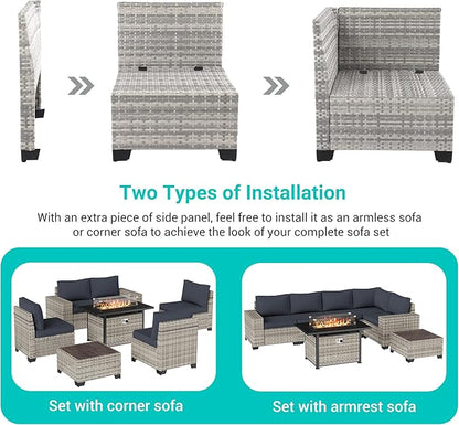 7 Pieces Outdoor Patio Furniture Set with 55,000 BTU Propane Fire Pit Table, PE Wicker Rattan Sectional Sofa Patio Conversation Set with Coffee Table, Dark Grey