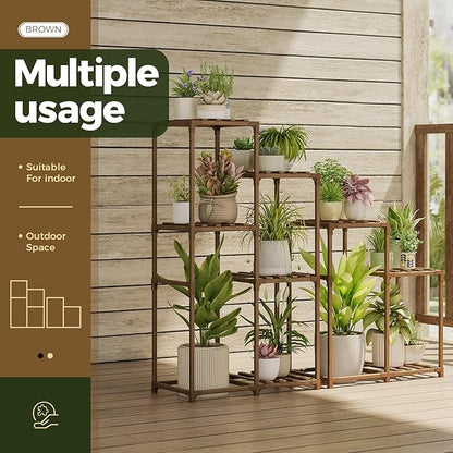 Bamworld Indoor Plant Stands Outdoor Combo Plant Shelves for Multiple Plants 10 Pots Wooden 2 Sets of Package Plant Rack for Living Room Balcony Garden