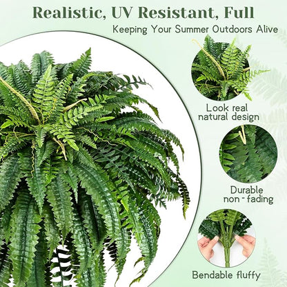 MARTINE MALL 2Pcs 48'' Fake Ferns Look Real Artificial Ferns for Outdoors, 88 Branches Large Faux Boston Fern for Outdoor Planter Realistic UV Resistant Hanging Artificial Fake Plants for Porch Patio