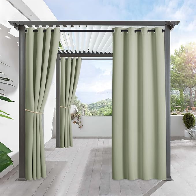 RYB HOME Outdoor Curtains for Patio Waterproof Block Sunlight Thermal Insulated Privacy Assured Thick Outside Curtains for Pergola, Deck, Gazebo, W52" x L108", Sage Green, 1 Panel