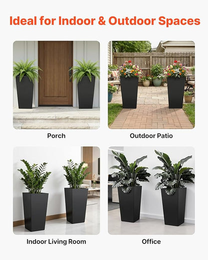 VEVOR 30 inch Tall Planters for Outdoor Plants Set of 2, Black Tall Planter for Indoor Plants, Modern Large Planters for Front Porch Patio Balcony, Plant Container Flower Pots with Built-in Drainage