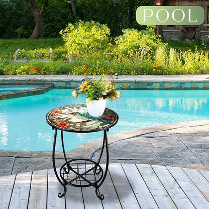 Outdoor Side Table Round Small Mosaic Patio Accent Indoor End Plant Coffee Tea Table for Yard Patio Porch Garden Living Room, Bedroom(Hummingbird A Style,14 Inch)