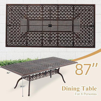 87" Cast Aluminum Outdoor Dining Table – Rectangular Red Copper Patio Table with Strawberry & Leaf Design, 2" Umbrella Hole, Weather-Resistant for Garden, Backyard, and Lawn