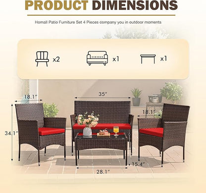 Homall 4 Pieces Patio Rattan Chair Wicker, Outdoor Indoor Use Backyard Porch Garden Poolside Balcony Furniture Sets (Red)