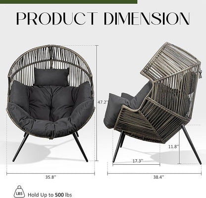 JAMFLY Egg Chair Wicker Outdoor Chairs, Oversized Patio Chair Oversized Lounger Chair with Cushion for Indoor Living Room, Bedroom, Outside Patio Backyard Balcony, Dark Gray