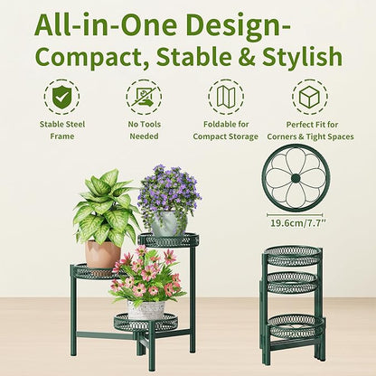 Plant Stand Indoor Outdoor, 3 Tier Corner Metal Flower Display Holder Shelf, Folding Tall Plant Rack for House Patio Balcony Porch Garden Living Room, Heavy Duty Anti-Rust Wrought Iron - GreenFlower
