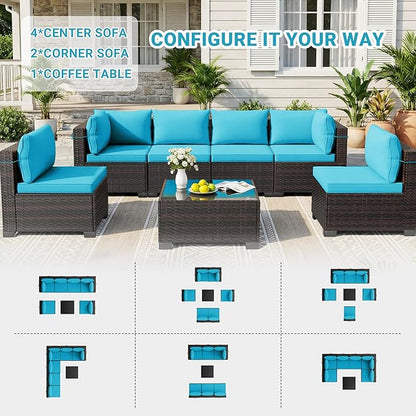 LEVELEVE 7 Pieces Outdoor Patio Furniture Sets,Rattan Conversation Sectional Set,Manual Weaving Wicker Patio Sofa with Tea Table