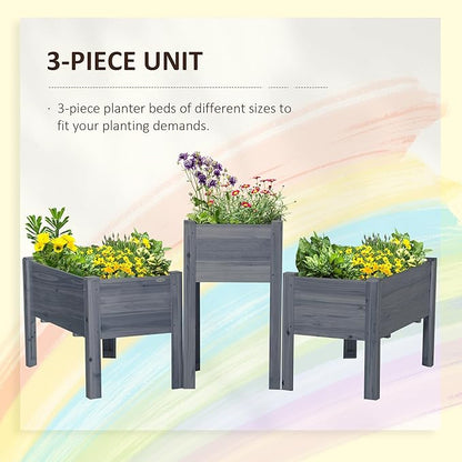 Outsunny Raised Garden Bed Set of 3, Wooden Elevated Planter Box with Legs and Bed Liner, for Backyard and Patio to Grow Vegetables, Herbs, and Flowers, Gray