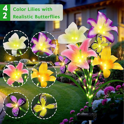 6 Pack Solar Garden Lights LED Solar Lilies Flower Lights, Yard Patio Pathway Decoration High Flexibility Copper Wire Handmade Silk Artificial Flowers Never Wither, Gift for Family, Friends