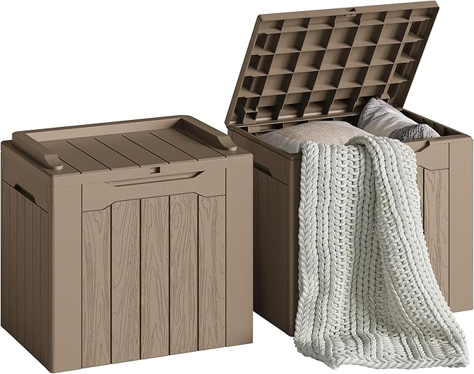 Deck Box 30 Gallon Light Brown Resin, Lockable and Waterproof 2 Pack