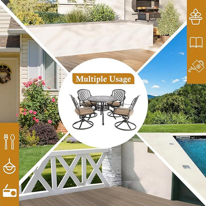 5-Piece Cast Aluminum Outdoor Patio Dining Set, All Weather Cast Aluminum Outdoor Furniture Dining Set for Patio, Balcony, Garden, Backyard w/4 Swivel Chairs & Cushions, 2.0" Umbrella Hole