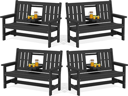 SERWALL Outdoor Bench with Cup Holder, 58" HDPE Garden Park Bench Suitable for 3 Person, All Weather Patio Benches with High Backrest and Wide Armrests for Garden, Park, Yard, Front Porch, Black