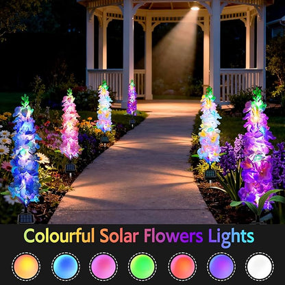 Solar Garden Lights, Solar Delphinium Flowers Lights 4 Pack 80 LEDs, Waterproof Outdoor Light Two Lighting Modes for Outside Wedding Party Garden Yard Patio Lawn Decor