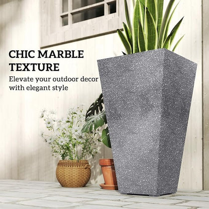 Outsunny 28 Inch Tall Planters for Outdoor Plants, Set of 3 Plastic Flower Pots with Marble Finish and Drainage Holes, Stackable Tapered Large Planters for Indoor Plants, Front Porch Decor, Gray