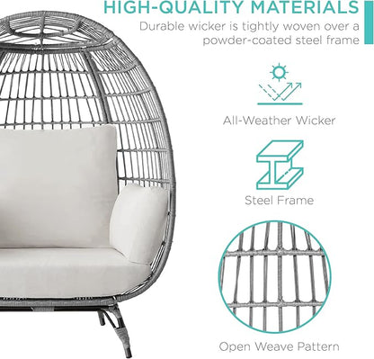 Best Choice Products Wicker Egg Chair, Oversized Indoor Outdoor Lounger for Patio, Backyard, Living Room w/ 4 Cushions, Steel Frame, 440lb Capacity - Gray/White Sand
