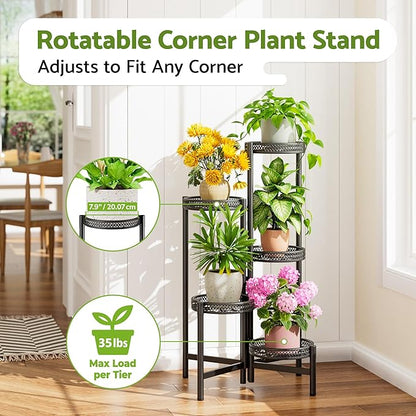 Plant Stand Indoor Outdoor, 5 Tier Corner Metal Flower Display Holder Shelf, Folding Tall Rack for Patio Balcony Porch Garden Living Room House, Heavy Duty Wrought Iron Plant Shelf- BlackWave