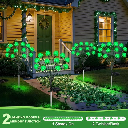 HELESIN St Patricks Day Decorations, 4 Pack St Patricks Day Outdoor Solar Lights with 2 Modes, Waterproof Shamrock Lucky Green Solar Stake Tree Lights for Yard Pathway Lawn Decorations