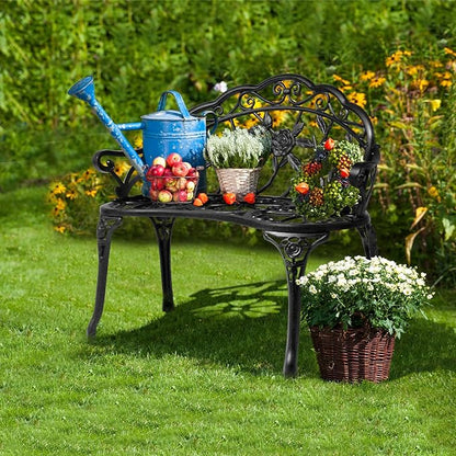 VINGLI 38.5" Patio Park Garden Outdoor Metal Rose Bench, 2-Person Cast Iron Cast Aluminium Frame Antique Finish Chair,Accented Lawn Front Porch Path Yard Decor Deck Furniture (Black, Rose)