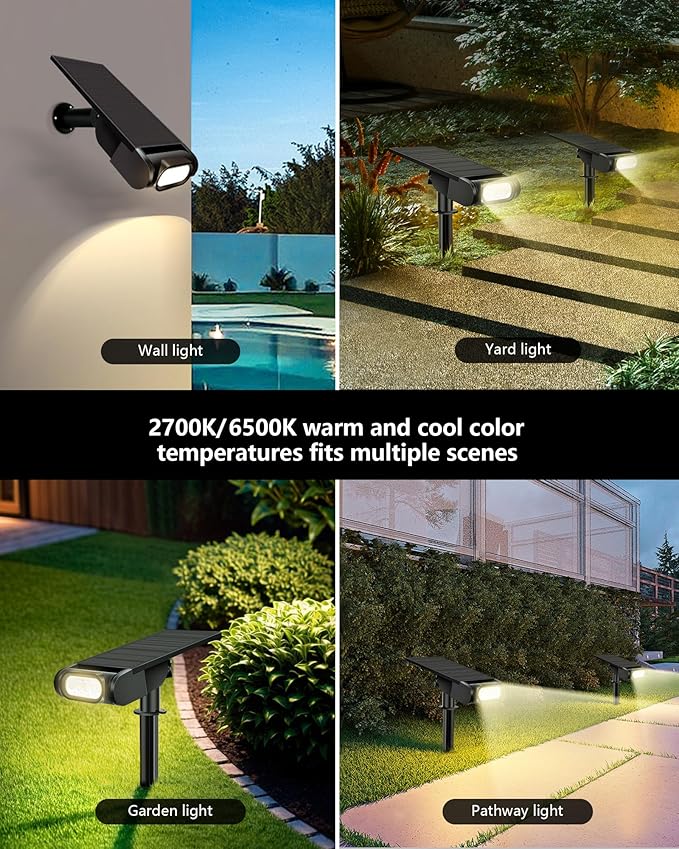 RGB Christmas Solar Spot Lights Outdoor, 12 RGB Color Modes Landscape Light Waterproof IP67 with Remote Control, 2-in-1 Color Changing RGB/Cool/Warm White for Yard Garden Garden (6 Pack)