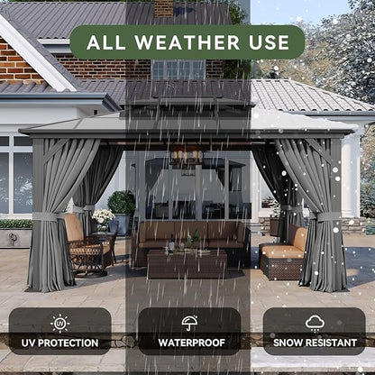 Aoxun 10'x14' Hardtop Gazebo, Aluminum Frame Permanent Pavilion with Curtains and Netting, Outdoor Polycarbonate Double Roof Canopy, Gray