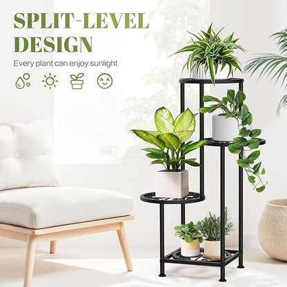 4 Tier Plant Stand Outdoor Indoor, Metal Flower Shelf Display Holder, Multiple Plants Corner Tall Flower Holders for Patio Balcony Porch Garden Living Room (Black)