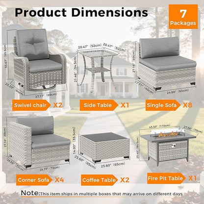 14-Seat Outdoor Wicker Patio Furniture Set with Fire Pit Table, Modular Rattan Sectional Sofa & 2 Swivel Rocking Chairs, 4" Thick Cushions, Rust-Resistant Frame,Gray