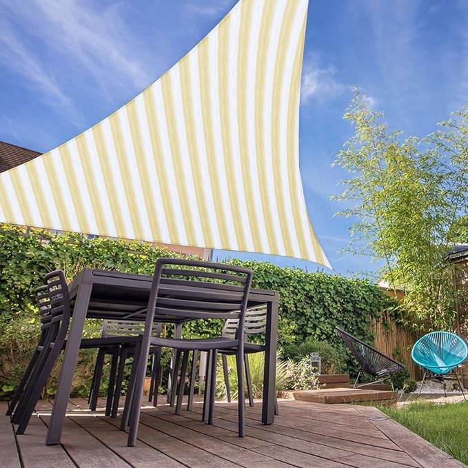 E&K Sunrise 16' x 16' x 16' Sun Shade Sail Triangle Canopy Shade Cover UV Block for Patio Backyard Garden Outdoor (Beige White Strip)