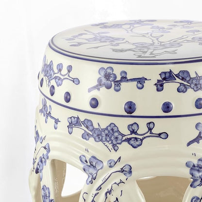 Decorative Garden Stool, Blue and White Ceramic, 16.5-Inch Tall