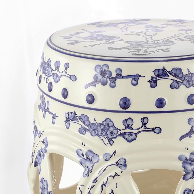 Decorative Garden Stool, Blue and White Ceramic, 16.5-Inch Tall