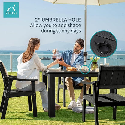 ZHUSI Patio Table and Chairs Set, Outdoor Table and Chairs,HDPE Outdoor Dining Set with Umbrella Hole for Backyard, Poolside, Porch (Black, 5 PCS)