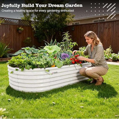 A ANLEOLIFE 8X4X1.5 ft Galvanized Raised Garden Beds Outdoor, Oval Large Metal Planter Box for Planting Vegetables Flowers Herb, Anti-Rust & Easy-Setup, Antique White