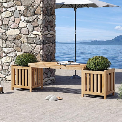 Giantex 2-in-1 Outdoor Bench with 2 Raised Garden Beds, Planter Boxes with Open-Ended Base, Garden Bench Seat for Porch Balcony Lawn Yard, DIY Assembly, Natural