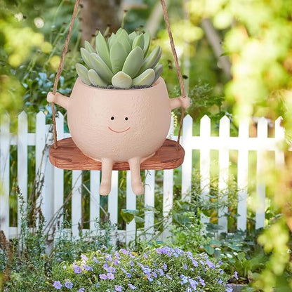 AFFLAT Smiley Face Flower Pot,Swinging Hanging Planter,Resin Smiley Face Hanging Pot,Cute Swinging Planter with Unique Design,Suitable for Indoor & Outdoor Decoration,an Ideal Gift for Festivals