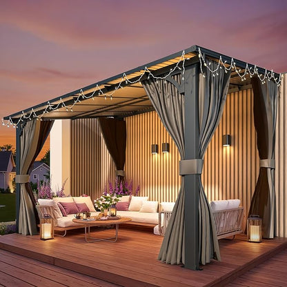 AECOJOY 12' x 8' Gazebo Outdoor Pergola with Curtains and Netting, 8'x12' Hard Top Lean to Pergolas and Gazebos Clearance with Patio Roof, Large Wall-Mounted Heavy Duty Awnings for Patio, Decks