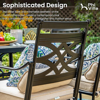 PHI VILLA 7 Pieces Outdoor Dining Set for 6, 54" Round Black Metal Table & Wrought Iron Swivel Chairs, Rustproof Large Outside Furniture with Cushions & Pillows for Patio, Deck, Porch