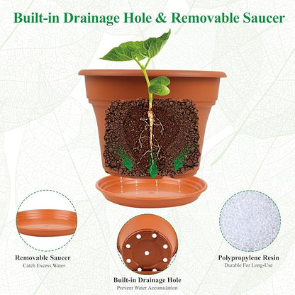 11 Inch Plastic-Flower-Pot-for-Indoor-Plants, 4 Pack Large Outdoor Planter Pot with Drainage Holes & Saucers, Resin Decorative Garden Pots Planters