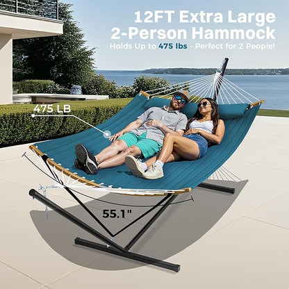 SUPERJARE Curved-Bar Hammock with Stand, 2 Person Heavy Duty Hammock Frame, Detachable Pillow & Portable Carrying Bag, Perfect for Outdoor & Indoor, Peacock Blue