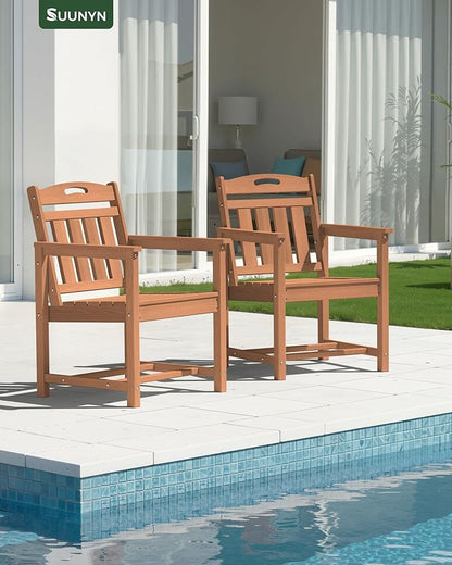 Set of 2 Weatherproof Patio Chairs - HDPE Outdoor Dining Chairs with Wide Seat, Ergonomic Design - for Garden, Backyard, Deck - Teak